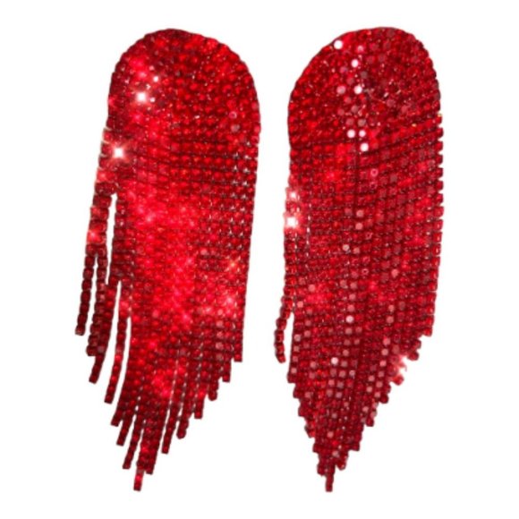 Red Rhinestone Tassel Dangle Earrings Wide Long Red Bridal Jewelry Prom Jewelry - Picture 1 of 4